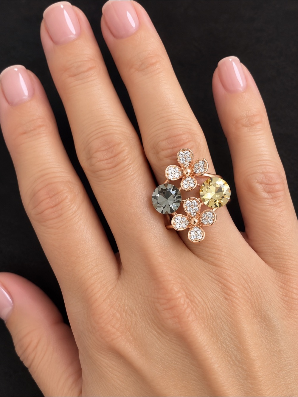 Rose Gold Tone Floral Crystal Statement Ring Size 7.5 Smoky Gray Champagne